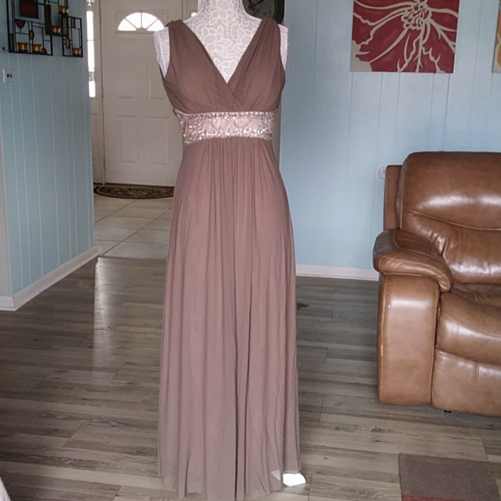 Sleeveless sheer brown embellished long dr…